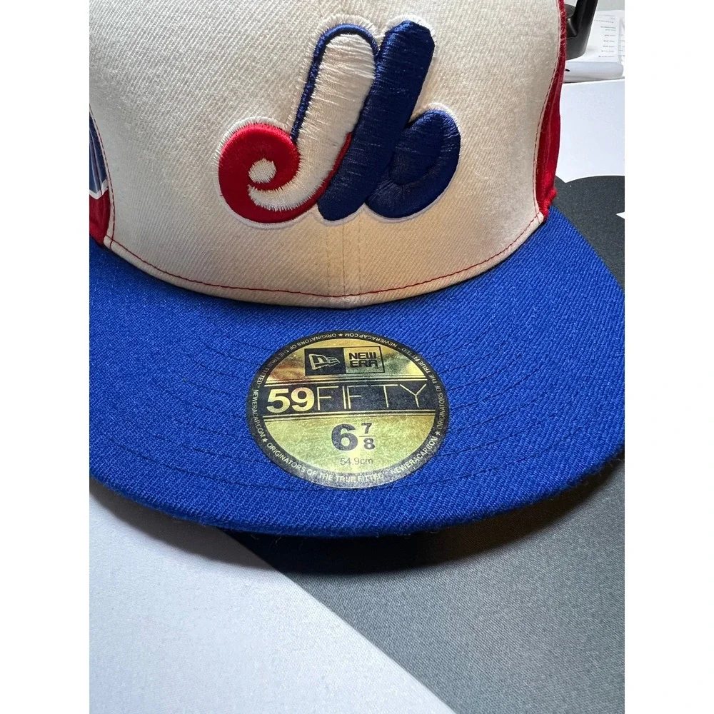 New Era Montreal Expos Fitted Hat Mens 6 7/8 Blue Red Cream 59FIFTY MLB Cap
